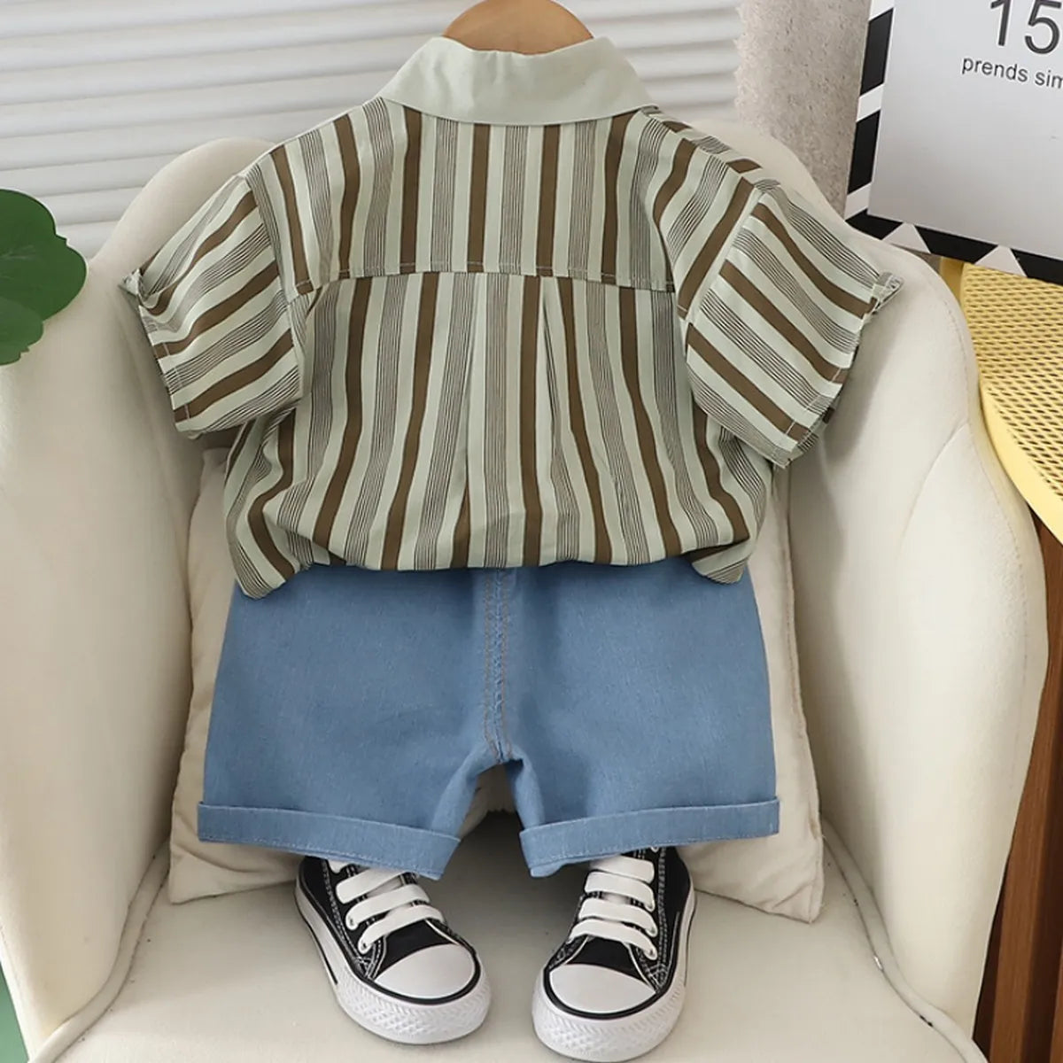 Striped Bear Pocket Shirt & Denim Shorts β Sage Edition